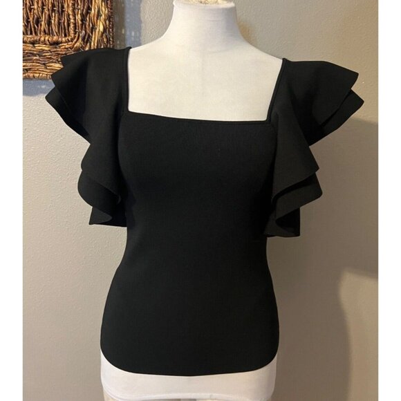 INC Top S Small Black Short Flutter Ruffle Sleeves Stretch Square Neck NWT - Picture 3 of 10